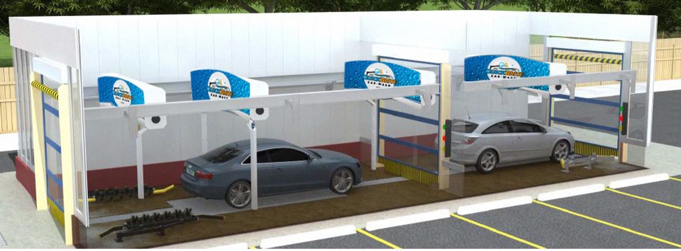 A 3D mockup of two cars going through a touchless car wash with the side of the building cut away.