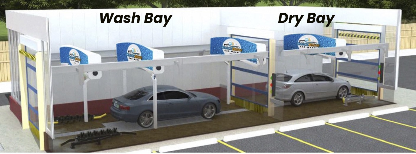 A 3D mockup of two cars going through a touchless car wash with the side of the building cut away.